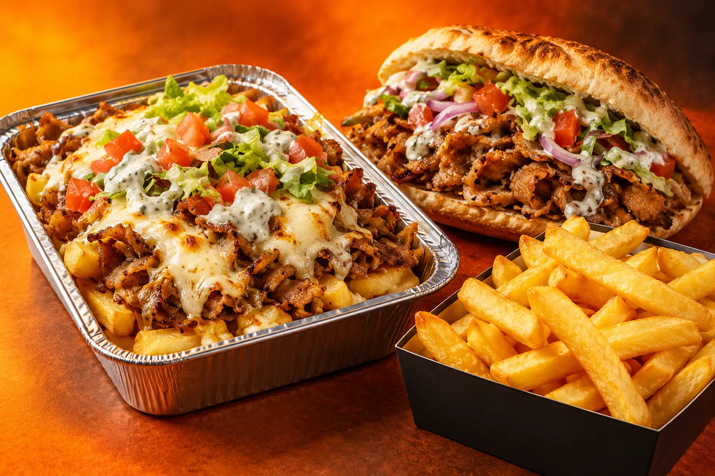Kapsalon met kebab en salade, een gevuld kebabbroodje en goudgele frieten